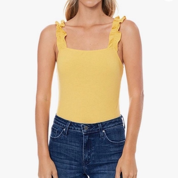 ELODIE Yellow Ribbed Tank Ruffle Straps Bodysuit Large - Picture 1 of 10